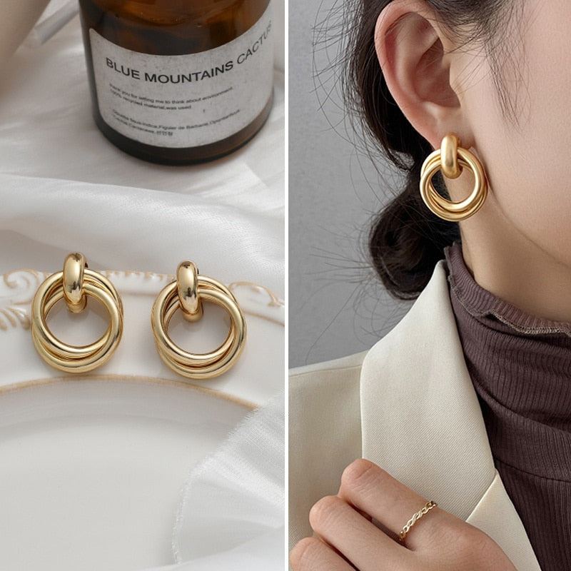 Jewelry Collection- Geometric Metal Circle Square Earrings