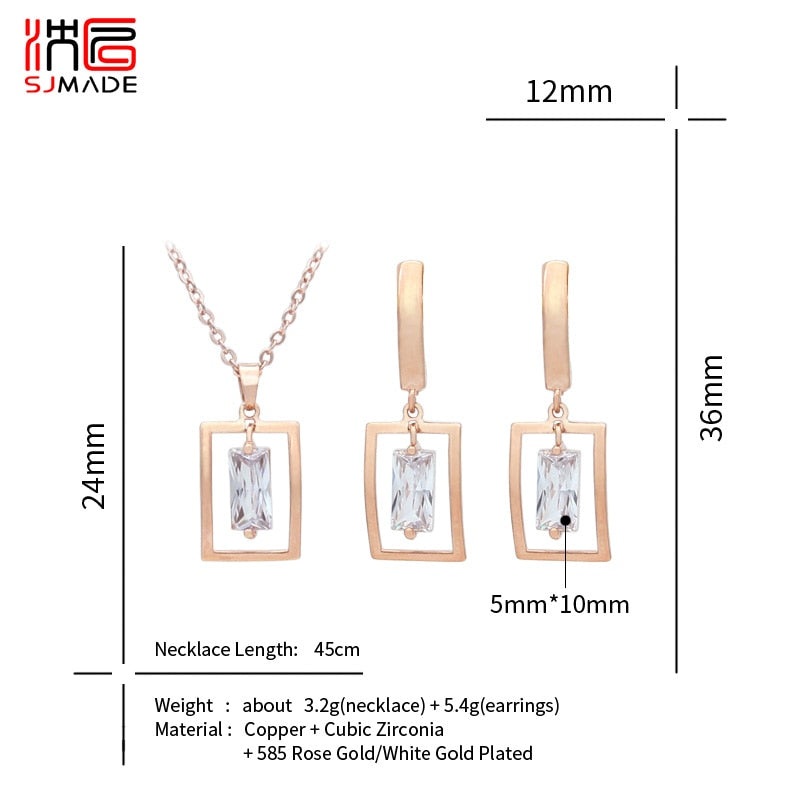 Jewelry Collection - Square Shaking Cubic Zirconia Dangle Earrings Pendant necklace Jewelry Sets