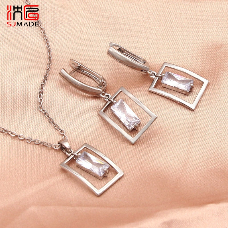 Jewelry Collection - Square Shaking Cubic Zirconia Dangle Earrings Pendant necklace Jewelry Sets