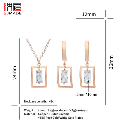 Jewelry Collection - Square Shaking Cubic Zirconia Dangle Earrings Pendant necklace Jewelry Sets