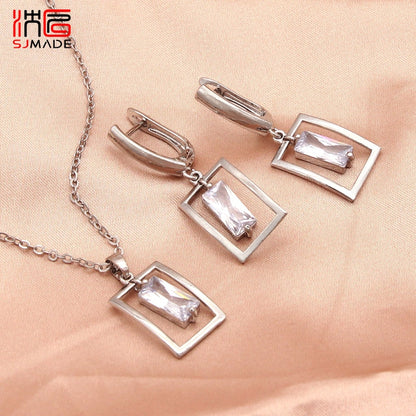 Jewelry Collection - Square Shaking Cubic Zirconia Dangle Earrings Pendant necklace Jewelry Sets
