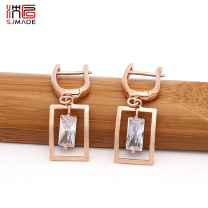Jewelry Collection - Square Shaking Cubic Zirconia Dangle Earrings Pendant necklace Jewelry Sets