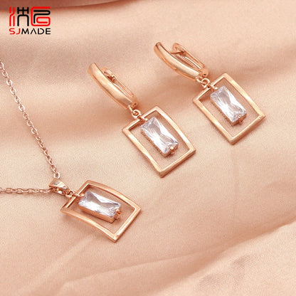 Jewelry Collection - Square Shaking Cubic Zirconia Dangle Earrings Pendant necklace Jewelry Sets